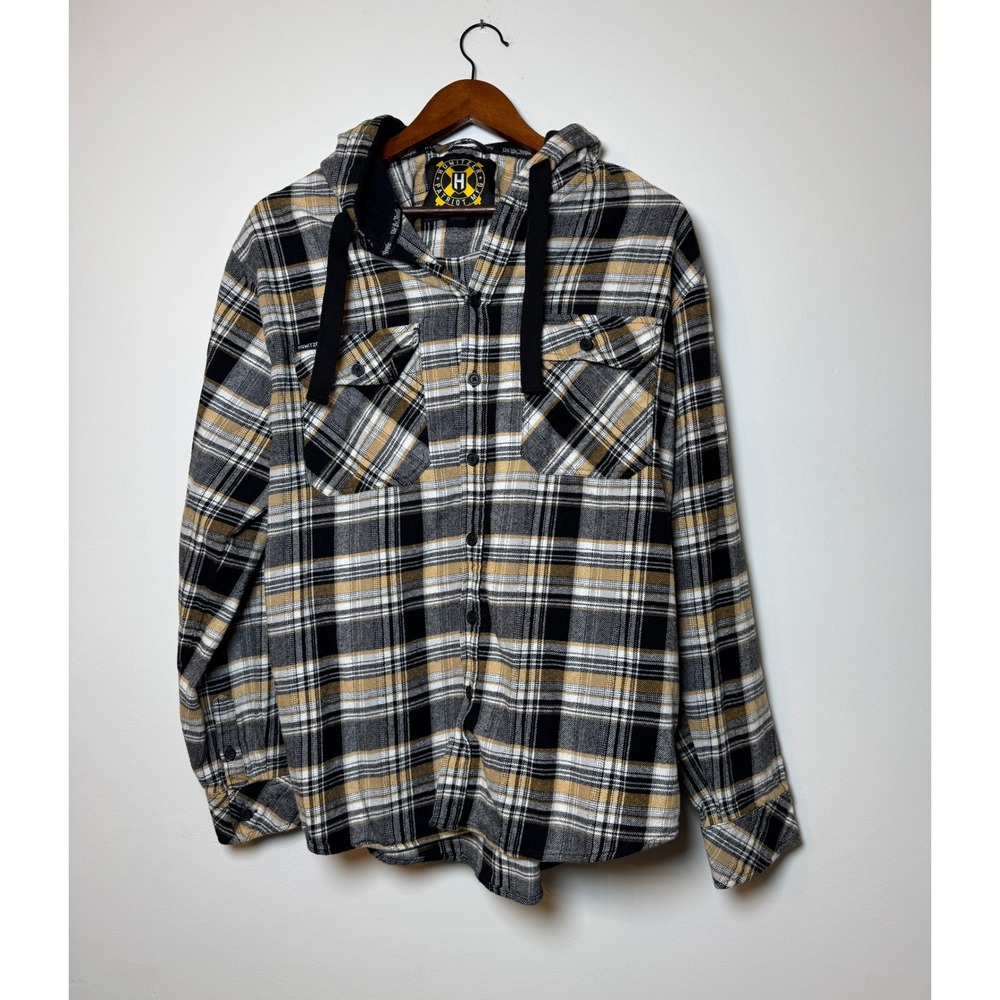 Howitzer Patriot Mfg Mens XL Hooded Flannel Shirt Plaid Black Yellow Button Up
